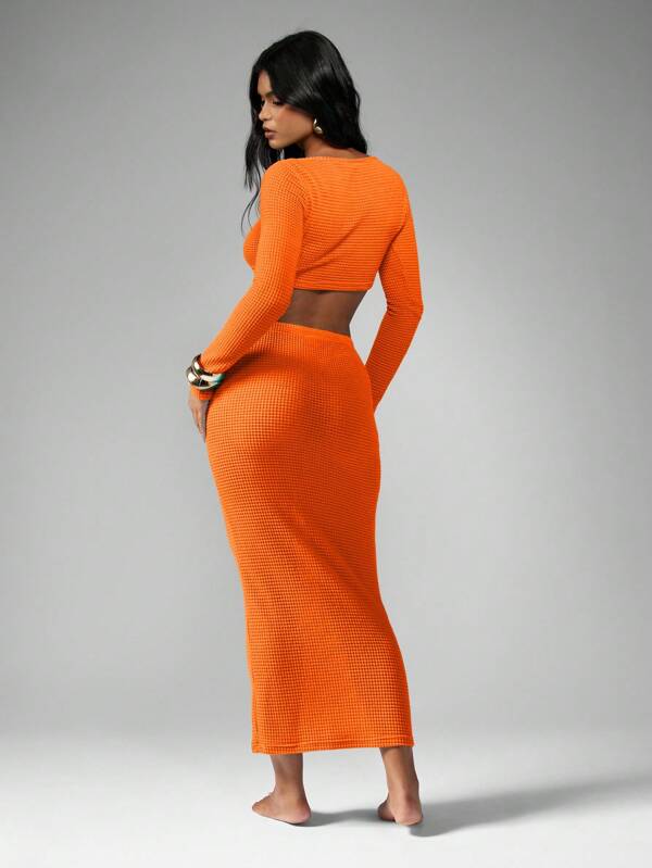 Missguided MISSGUIDED Textured Waffle Knit Long Sleeve Crop Top Maxi Skirt Two Piece Outfit