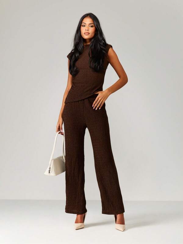 missguided MISSGUIDED Textured Wide Leg Pants With Sleeveless High Neck Top