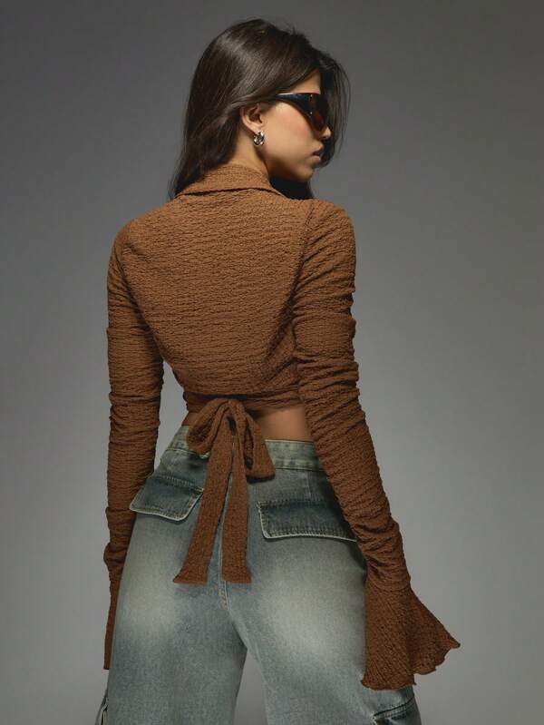 Missguided MISSGUIDED Textured Wrap Crop Top With Bell Sleeves