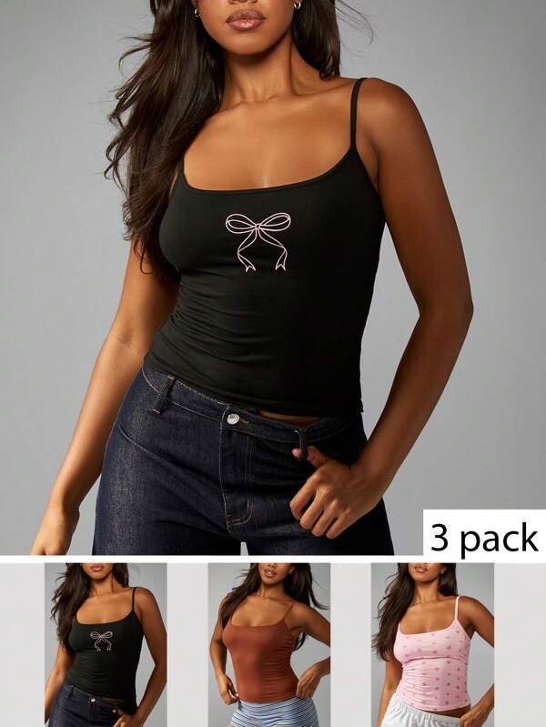 missguided MISSGUIDED Three Pack Bow And Heart Print Ruched Side Camisole Collection