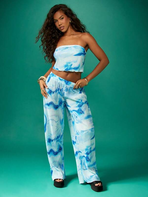 missguided MISSGUIDED Tie Dye Cloud Print Ribbed Bandeau Top And Wide Leg Pants Outfit