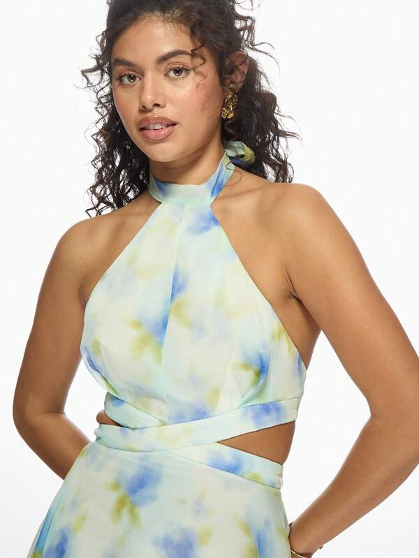 Missguided MISSGUIDED Tie Dye Halter Neck Cut-Out Waist Mini Dress