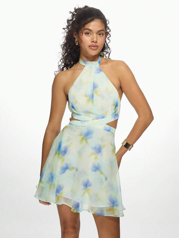 missguided MISSGUIDED Tie Dye Halter Neck Cut-Out Waist Mini Dress