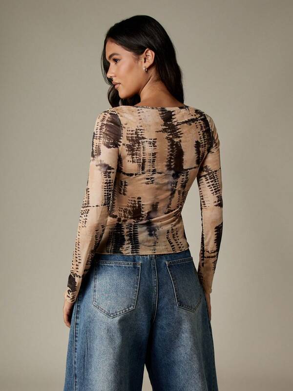 Missguided MISSGUIDED Tie Dye Mesh Long Sleeve Crop Top