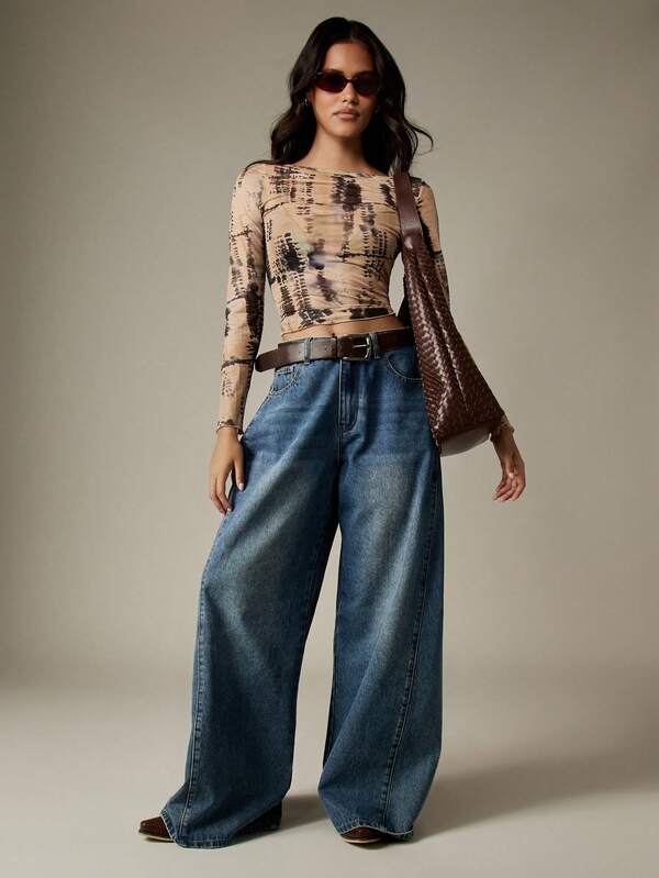 Missguided MISSGUIDED Tie Dye Mesh Long Sleeve Crop Top