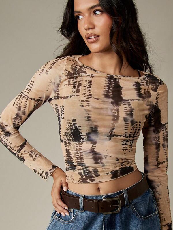 missguided MISSGUIDED Tie Dye Mesh Long Sleeve Crop Top