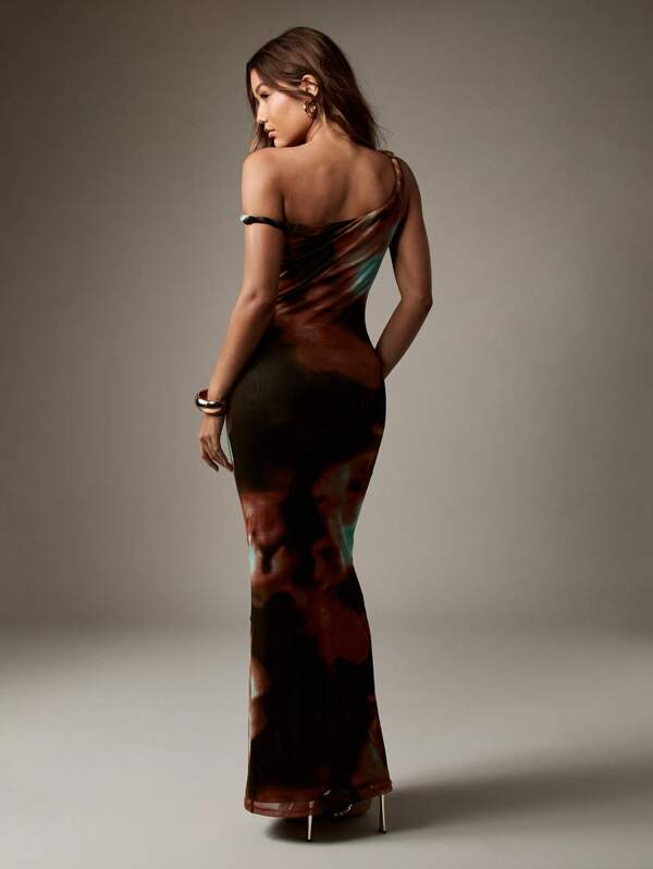 Missguided MISSGUIDED Tie Dye Mesh One Shoulder Body Contour Maxi Dress