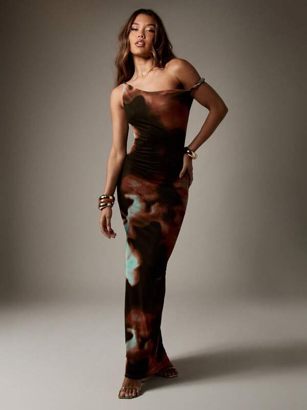 missguided MISSGUIDED Tie Dye Mesh One Shoulder Body Contour Maxi Dress