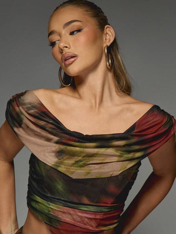 Missguided MISSGUIDED Tie Dye Mesh Ruched Corset Mini Skirt Two-Piece Outfit