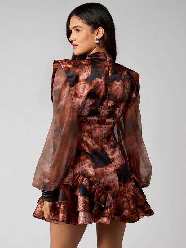 Missguided MISSGUIDED Tie Dye Mini Dress With Corset Waist And Puff Sleeves