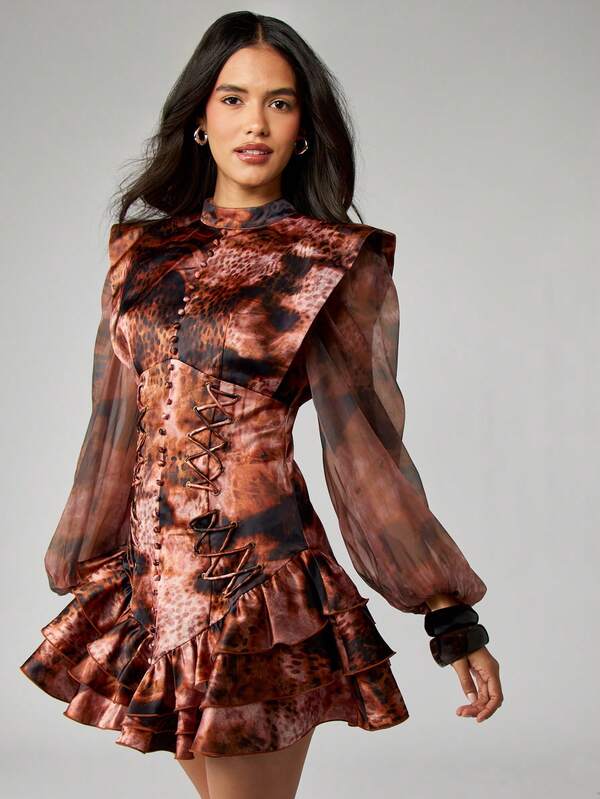 Missguided MISSGUIDED Tie Dye Mini Dress With Corset Waist And Puff Sleeves