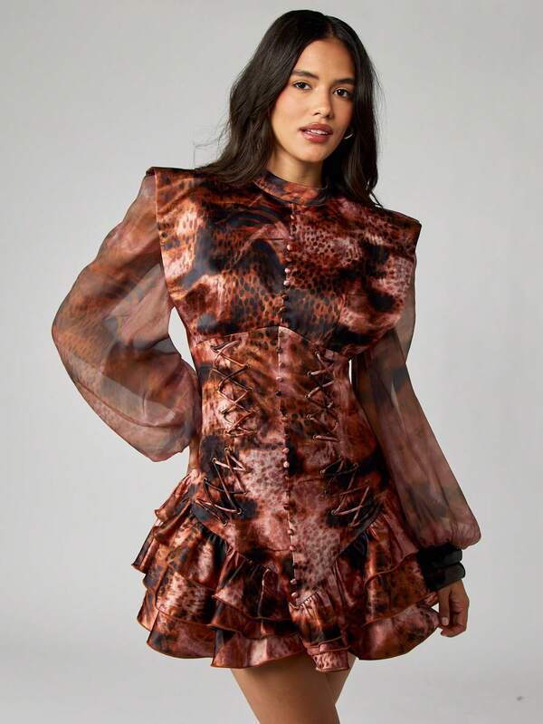 missguided MISSGUIDED Tie Dye Mini Dress With Corset Waist And Puff Sleeves