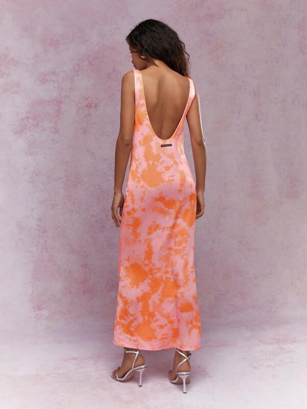 Missguided MISSGUIDED Tie-Dye Print Satin Deep Scoop Back Sleeveless Maxi Dress