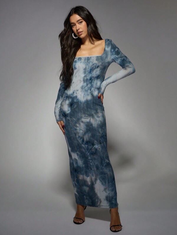 missguided MISSGUIDED Tie Dye Ribbed Knit Bodycon Midaxi Dress