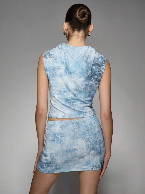 Missguided MISSGUIDED Tie Dye Ruched Sleeveless Crop Top Mini Skirt Two Piece Outfit