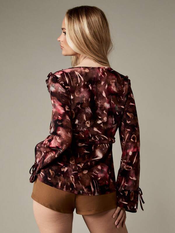 Missguided MISSGUIDED Tie Dye Ruffle Trim Wrap Blouse With Long Sleeves