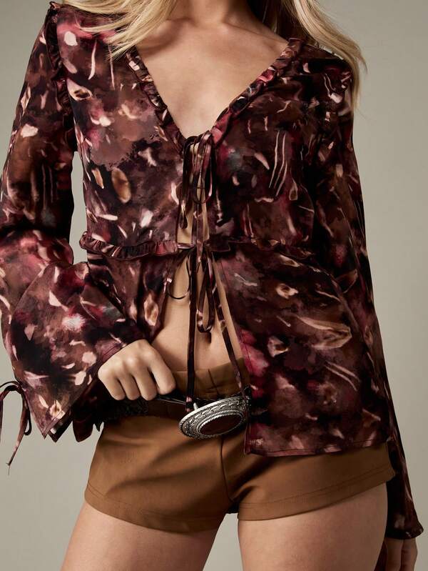 Missguided MISSGUIDED Tie Dye Ruffle Trim Wrap Blouse With Long Sleeves