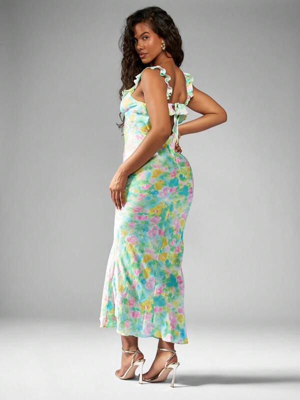 Missguided MISSGUIDED Tie-Dye Satin Maxi Dress With Ruffle Detail