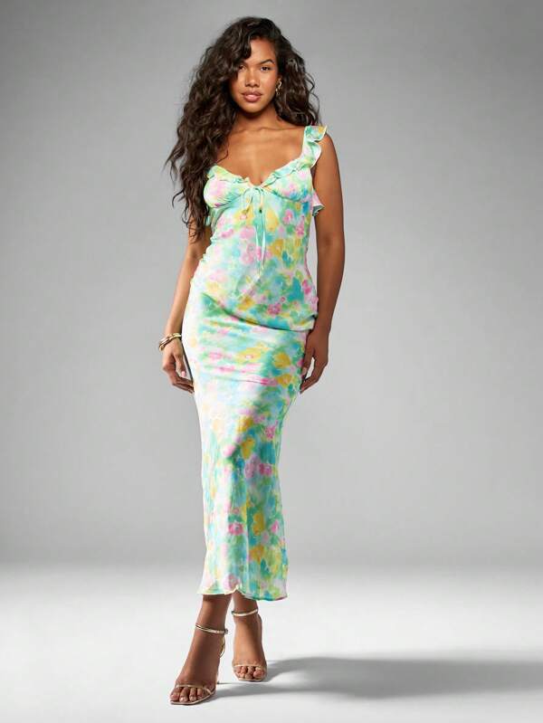 missguided MISSGUIDED Tie-Dye Satin Maxi Dress With Ruffle Detail