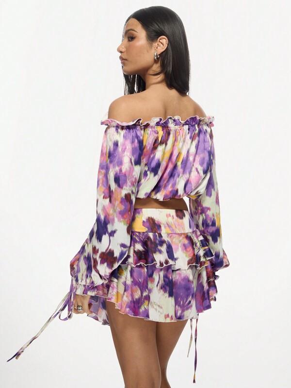 Missguided MISSGUIDED Tie Dye Satin Ruffle Off-Shoulder Two-Piece Set