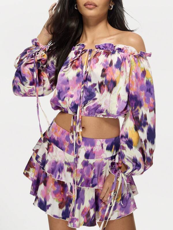 Missguided MISSGUIDED Tie Dye Satin Ruffle Off-Shoulder Two-Piece Set