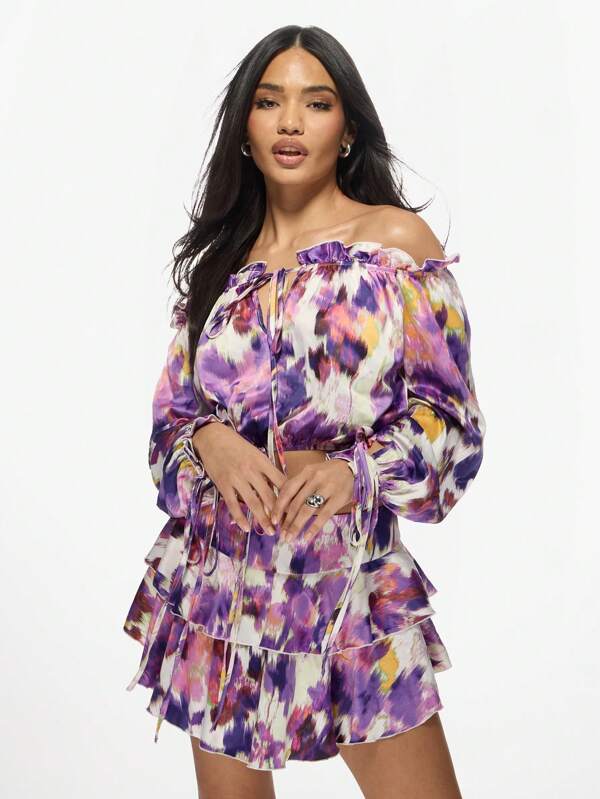 missguided MISSGUIDED Tie Dye Satin Ruffle Off-Shoulder Two-Piece Set