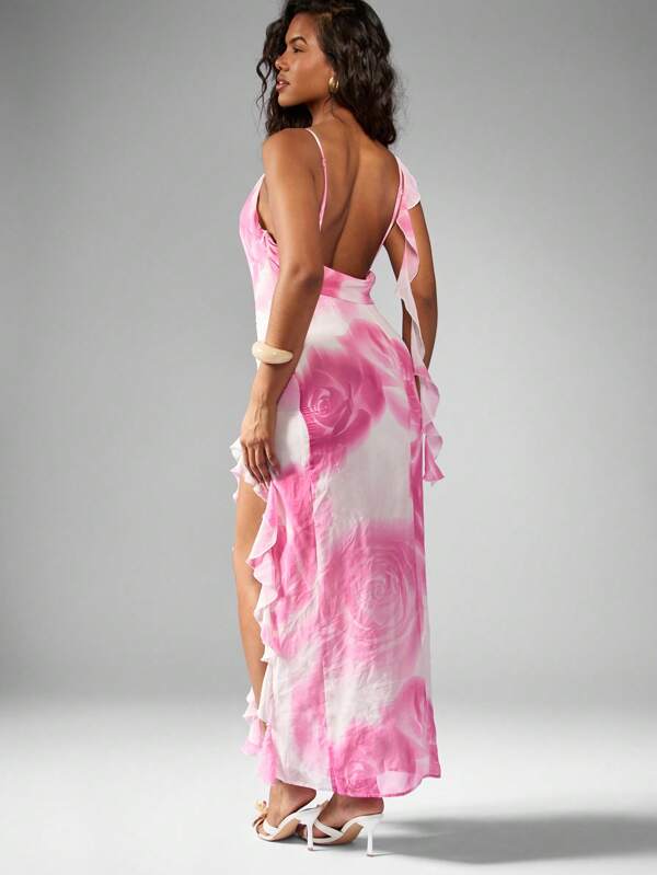 Missguided MISSGUIDED Tie Dye Watercolor Floral Ruffled Side Slit Maxi Dress