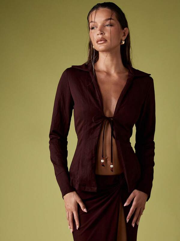 Missguided MISSGUIDED Tie Front Beaded Blouse With Plunge Neckline