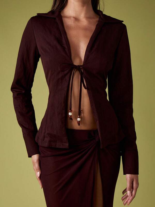 missguided MISSGUIDED Tie Front Beaded Blouse With Plunge Neckline