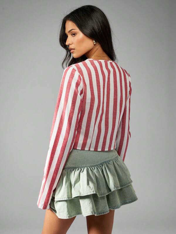 Missguided MISSGUIDED Tie Front Blouse Long Sleeve Vertical Striped Lightweight