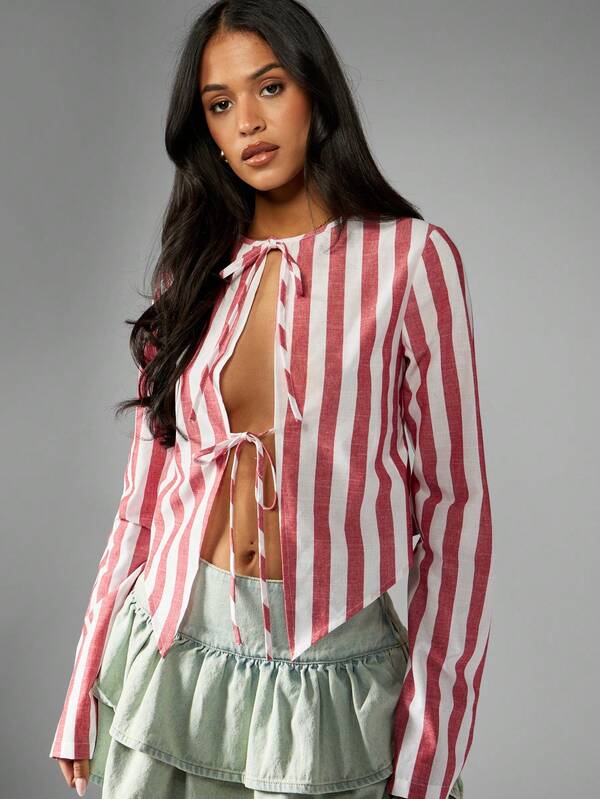 Missguided MISSGUIDED Tie Front Blouse Long Sleeve Vertical Striped Lightweight