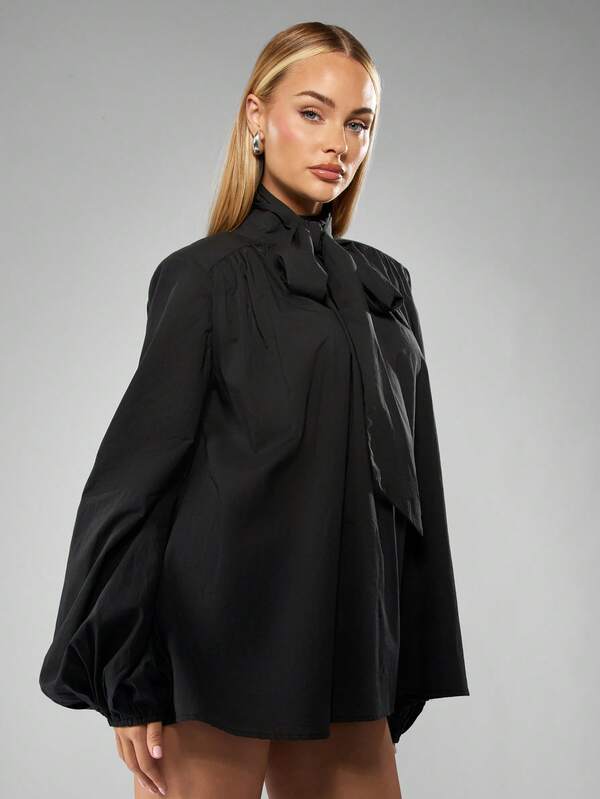 missguided MISSGUIDED Tie Front Blouse With Gathered Sleeves