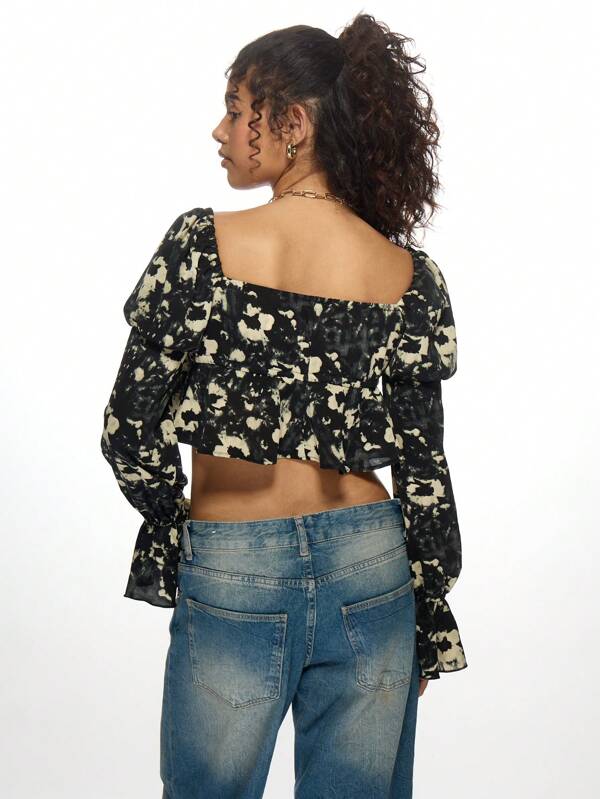 Missguided MISSGUIDED Tie-Front Milkmaid Top With Tiered Ruffle Sleeves