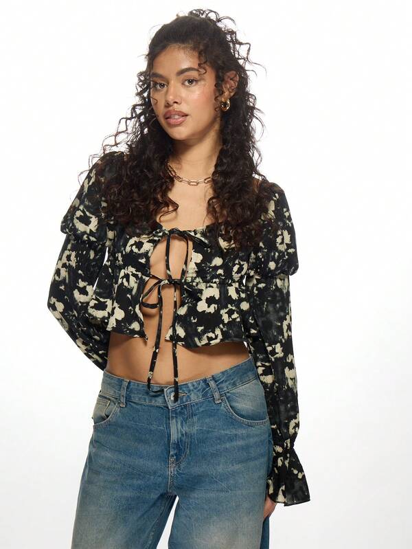 Missguided MISSGUIDED Tie-Front Milkmaid Top With Tiered Ruffle Sleeves