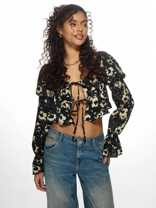 missguided MISSGUIDED Tie-Front Milkmaid Top With Tiered Ruffle Sleeves