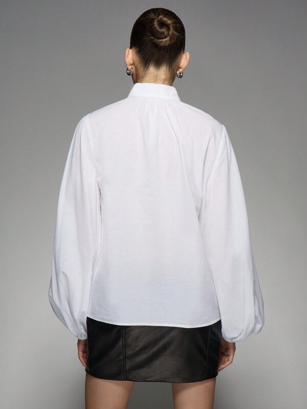 Missguided MISSGUIDED Tie-Front Poplin Top Includes Long Balloon Puff Sleeves