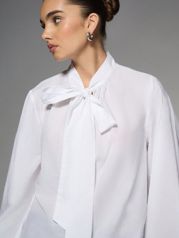 Missguided MISSGUIDED Tie-Front Poplin Top Includes Long Balloon Puff Sleeves