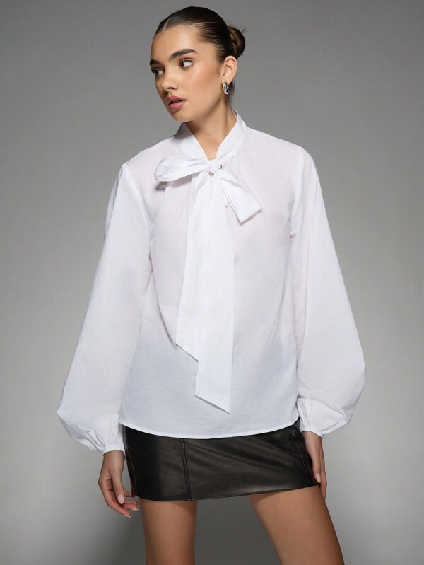 missguided MISSGUIDED Tie-Front Poplin Top Includes Long Balloon Puff Sleeves