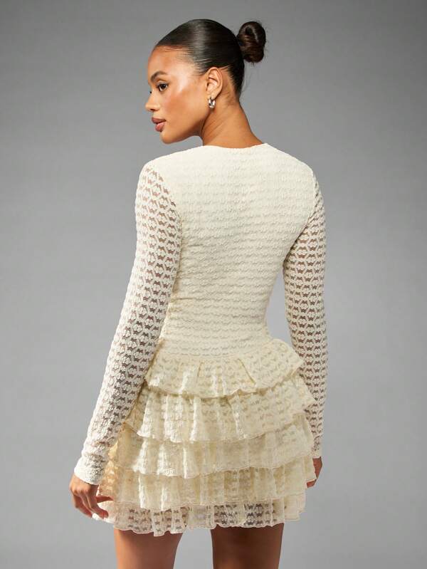 Missguided MISSGUIDED Tiered Crochet Lace Mini Dress With Pearl Buttons