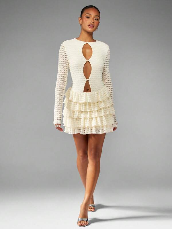 Missguided MISSGUIDED Tiered Crochet Lace Mini Dress With Pearl Buttons