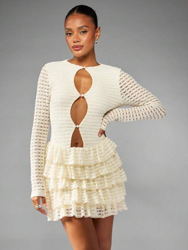 missguided MISSGUIDED Tiered Crochet Lace Mini Dress With Pearl Buttons