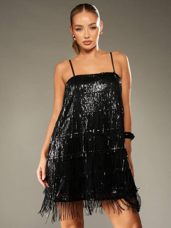 missguided MISSGUIDED Tiered Fringe Sequin Mini Dress With Spaghetti Straps