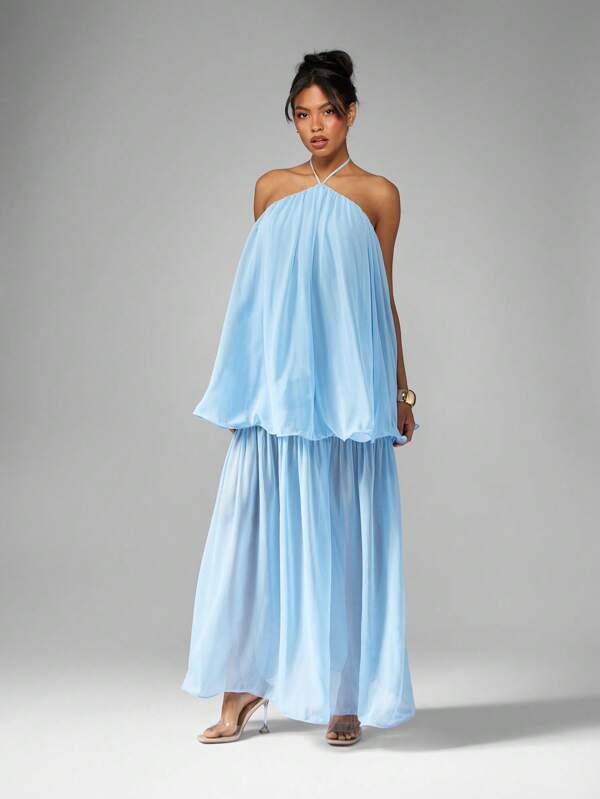 missguided MISSGUIDED Tiered Halter Neck Maxi Dress With Open Back