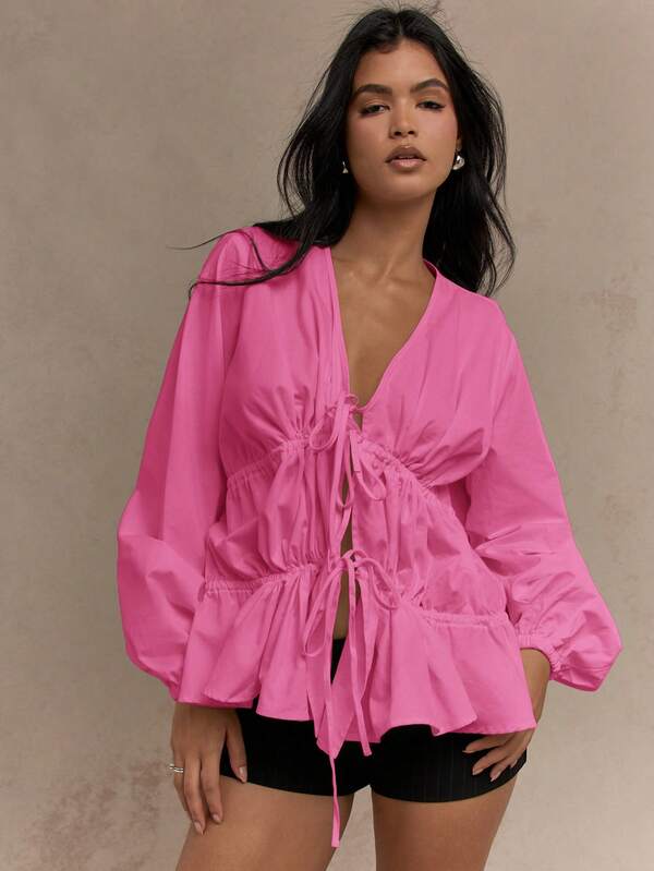 Missguided MISSGUIDED Tiered Ruched Balloon Long Sleeves Blouse Butterfly Style Top