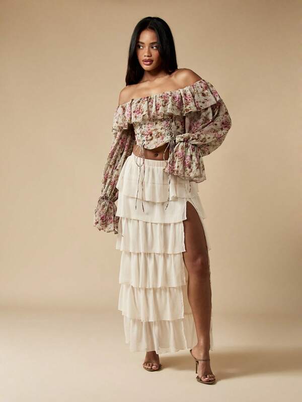 Missguided MISSGUIDED Tiered Ruffle Chiffon Maxi Skirt With High Side Split