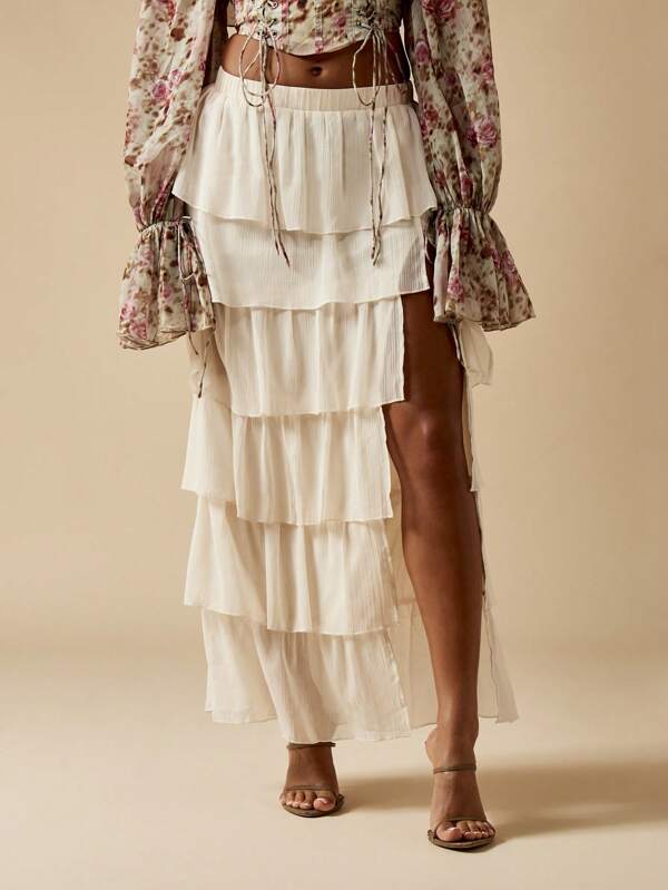 missguided MISSGUIDED Tiered Ruffle Chiffon Maxi Skirt With High Side Split