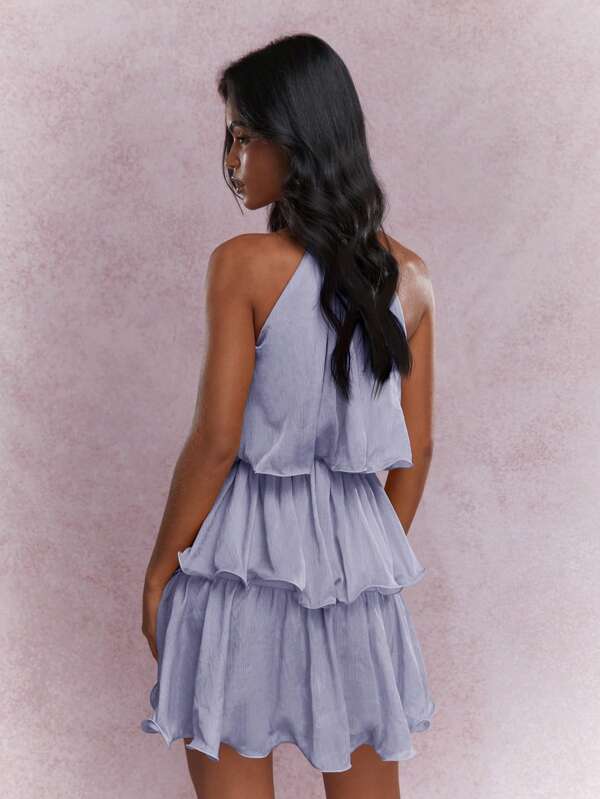 Missguided MISSGUIDED Tiered Ruffle Halter A-Line Layered Sleeveless Flowy Elegant Women Mini Dress