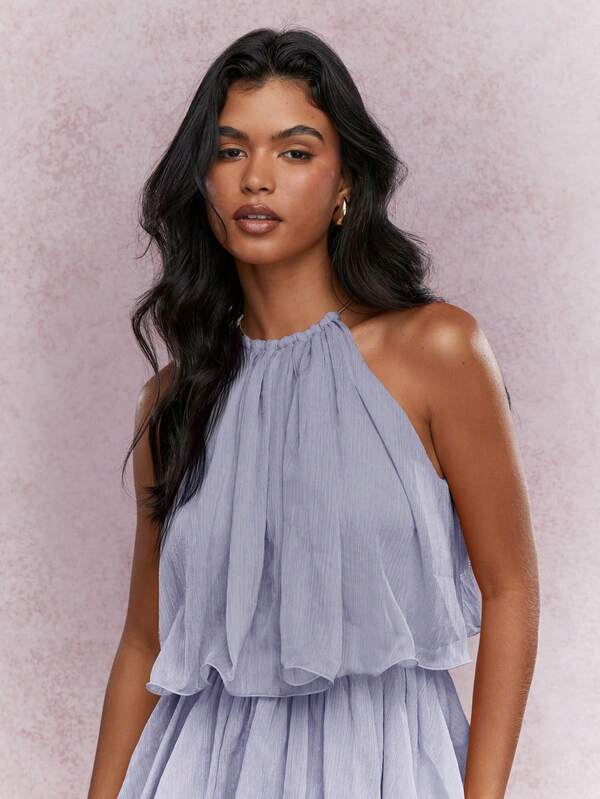 Missguided MISSGUIDED Tiered Ruffle Halter A-Line Layered Sleeveless Flowy Elegant Women Mini Dress