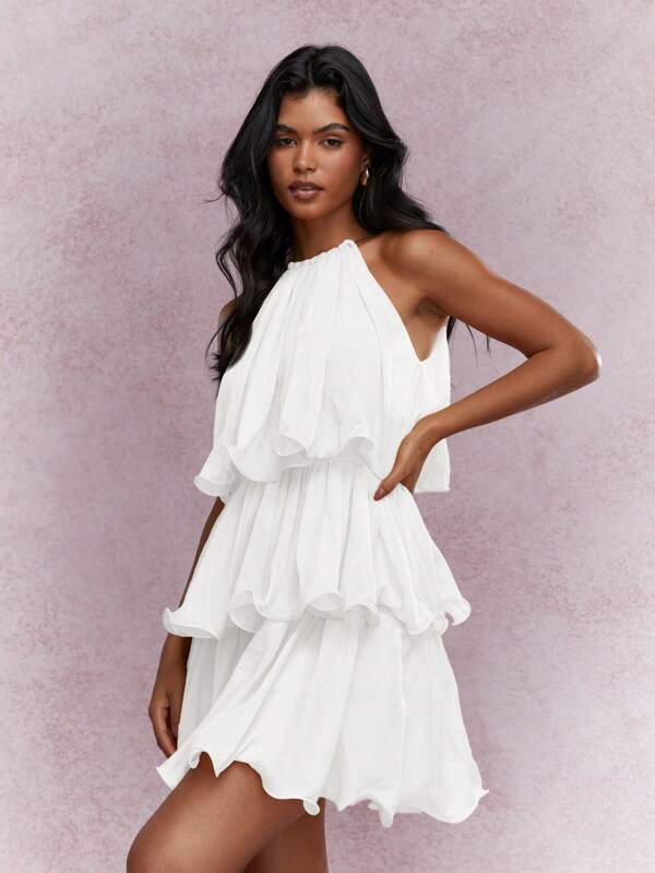 missguided MISSGUIDED Tiered Ruffle Halter Elegant Mini Dress