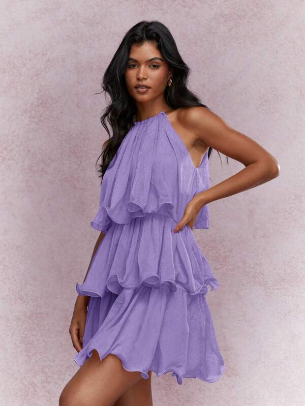missguided MISSGUIDED Tiered Ruffle Halter Neck Chiffon Mini Dress